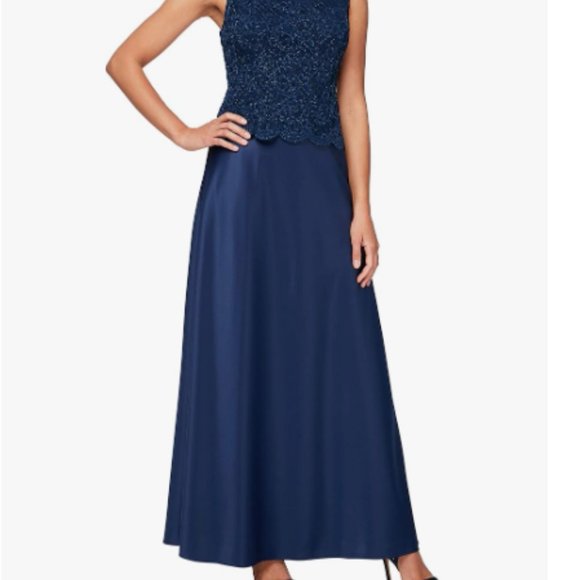 ALEX EVENINGS SPARKLE MOCK TWO PIECE NAVY GOWN sz 8 - Picture 3 of 5